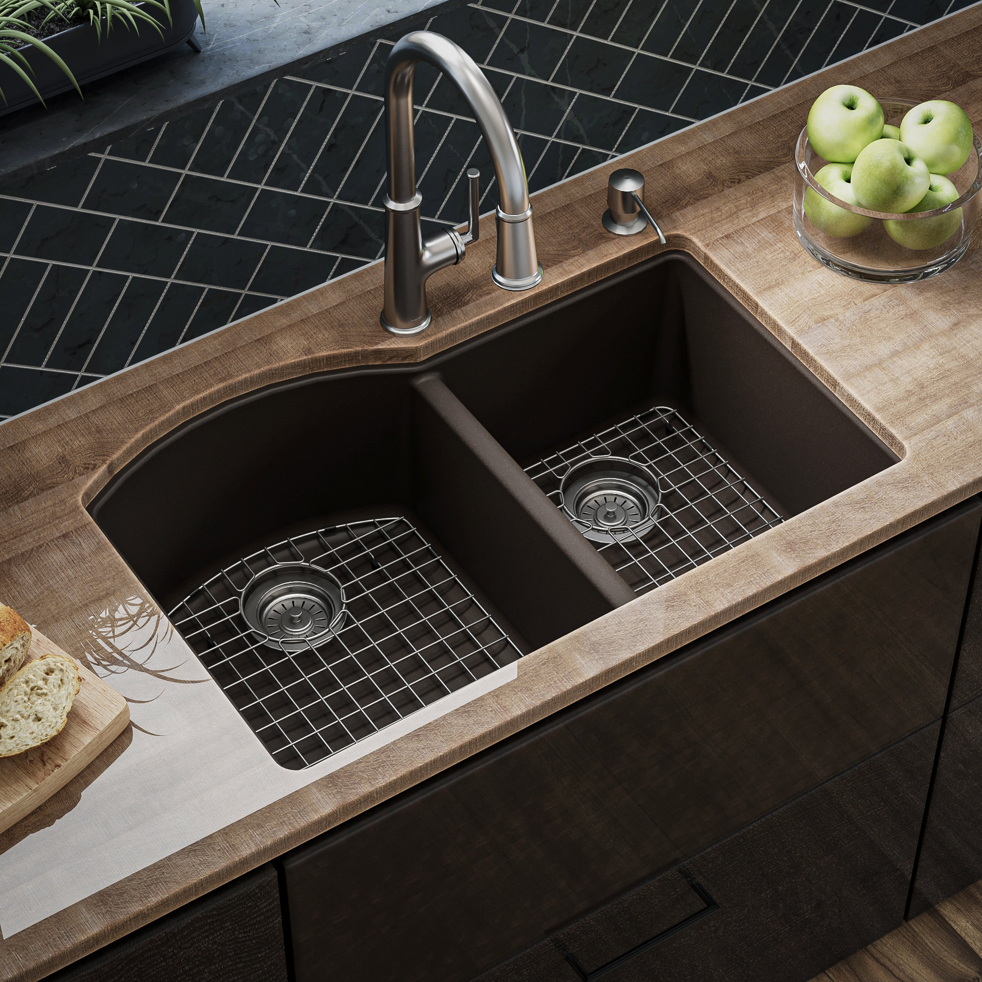 Karran Undermount Quartz 32" 60/40 Double Bowl Kitchen Sink Kit, Brown