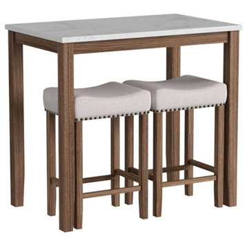 3 Pieces Pub Dining Set, Faux Marble Tabletop With 2 Backless Stools, Beige/Brown