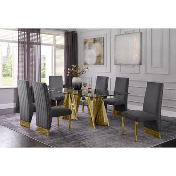 Clear Glass Dining Set with Table and 6 Gray Velvet Chairs