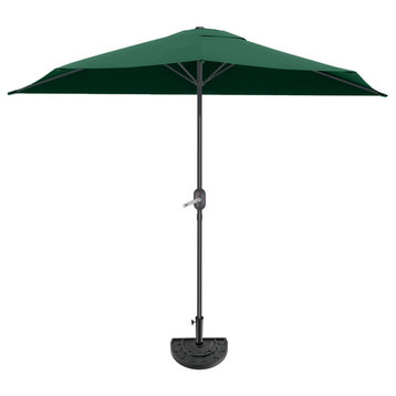 9' Half Patio Umbrella Easy Crank Balcony Shade With 20lb Weighted Base, Forest Green