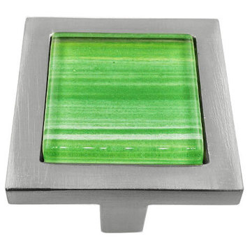 Hand Brushed Green Stripes Crystal Glass Brushed Nickel Square Manor Knob