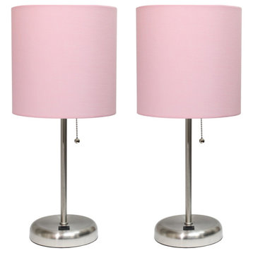 Stick Lamp With Usb Charging Port/Fabric Shade 2 Pack Set, Light Pink