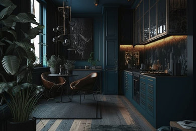 Kleine Rustikale Küche in L-Form mit integriertem Waschbecken, profilierten Schrankfronten, grünen Schränken, Granit-Arbeitsplatte, Küchenrückwand in Schwarz, Glasrückwand, gebeiztem Holzboden und schwarzer Arbeitsplatte in Düsseldorf