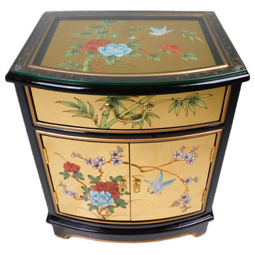 Oriental End Table Painted Bird and Flower Gold Leaf.