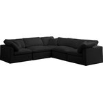 Meridian Furniture - Plush Velvet / Down Standard Comfort L-Shaped Modular Sectional, Black, 5-Piece: 2 Armless Chair, 3 Corner Chair - No matter how big or little the size of your gang, they can all find their sweet spot when you choose pieces from the Plush collection to build your ideal seating group. Choose this five-piece set or pair multiple pieces together to get the custom look everyone will love. The soft black velvet material is soft and welcoming to the touch, and the set's cushions are overstuffed with a down and feather blend to provide ample support for tired bodies.
