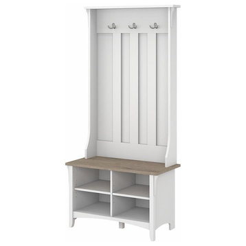 Bush Furniture Salinas Hall Tree with Shoe Storage Bench in White/Shiplap