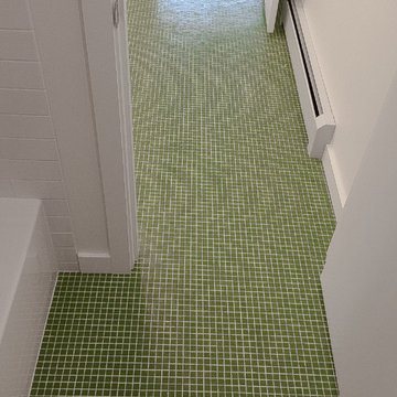 Green Floor Mosaic by Ann Sacks and White Subway Tile Shower