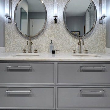 Floating Gray Vanity with Custom Slab Door and Mosaic Tile
