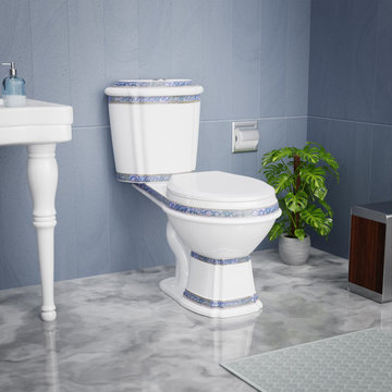 Elongated Two Piece Dual Flush Bathroom Toilet with No Slam Seat White and Blue
