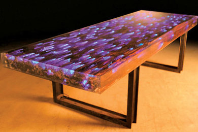 Phillips Collection | Trein table in reclaimed rail ties and resin with LEDs.