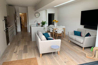 Design ideas for a medium sized contemporary open plan dining room in Other with white walls, light hardwood flooring and no fireplace.