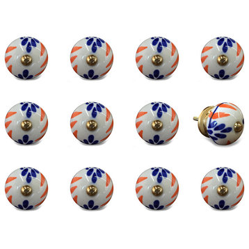 Knob-It Vintage Handpainted Ceramic Knobs, Set of 12, White/Blue/Orange
