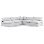 Meridian Furniture - Comfy Upholstered L-Shaped Modular Sectional, White, 5-Piece: 4 Armless Chair, 1 Corner Chair, Linen Textured Fabric - Give your space a whole new look with this white Comfy linen textured fabric sectional. This handsome sectional fits nicely with other items in the Comfy collection and is a versatile seating option designed for adaptability, comfort and style. Wrapped in rich white durable linen textured fabric upholstery, this sectional offers a plush embrace of overstuffed down feather cushions, carefully crafted to deliver the highest level of comfort. The perfect seat for creating an oasis for relaxation, this sectional has thick foam surrounding its frame for added support and coziness.