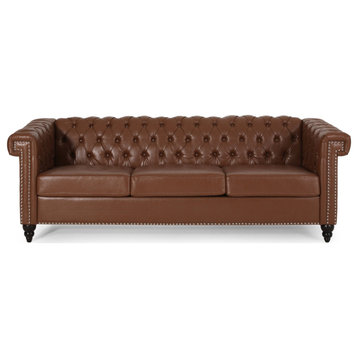 Chesterfield Sofa, Button Tufted Low Back & Rolled Arms, Cognac Brown Pu Leather