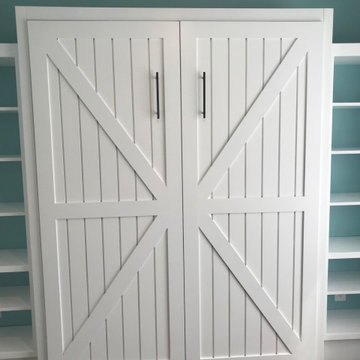Custom Built Farmhouse Style Vertical Queen Murphy Bed with Side Shelving