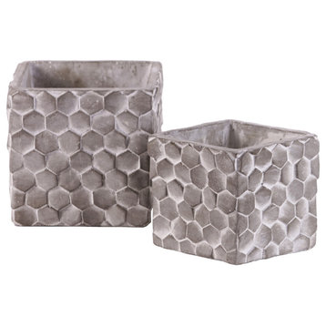 Pots With Hexagonal Lattice Design, Washed Concrete Gray, 2-Piece Set