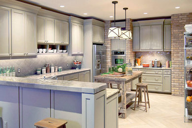 Eat-in kitchen - mid-sized transitional l-shaped ceramic tile eat-in kitchen idea in Austin with recessed-panel cabinets, gray cabinets, granite countertops, gray backsplash, ceramic backsplash, stainless steel appliances and an island