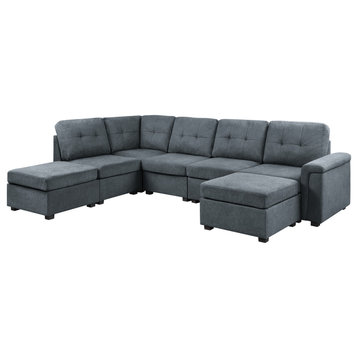 Isla Gray Woven Fabric 7-Seater Sectional Sofa With Ottomans