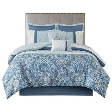 Shawnee Traditional Diamond Quilting 8-Piece Comforter Set, Blue, Queen