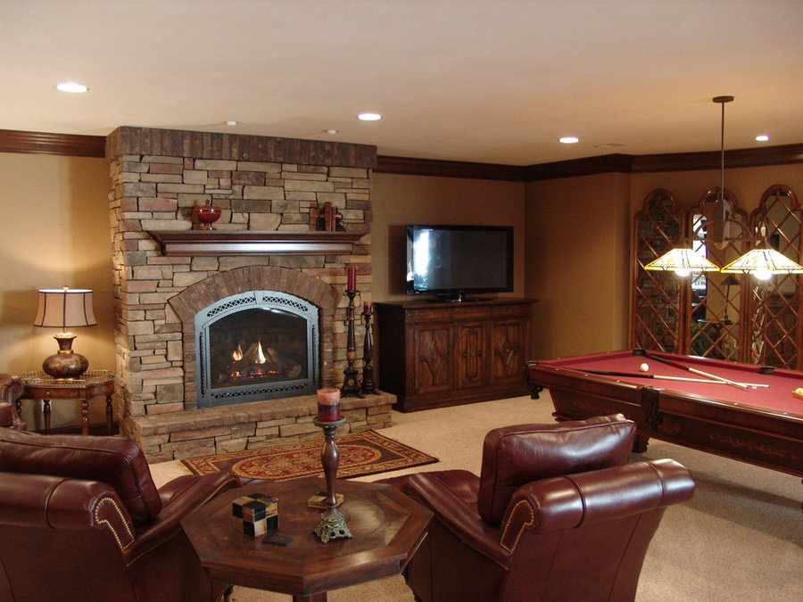 Traditional Man Cave Basement Television Installation