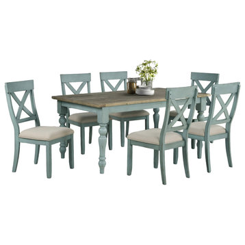 7 Pieces Dining Set, Rectangular Table & Chairs With X-Back, Antique Blue/Coffee