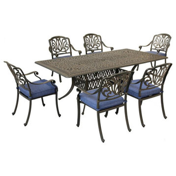 7-PieceAluminum Dining Set With 6 Cushioned Arm Dining Chairs, Dessert Night/Navy Blue