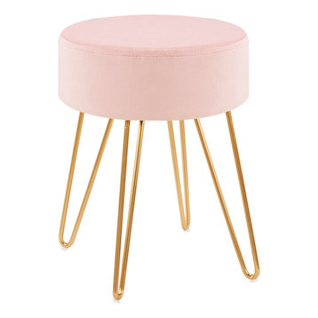 Ottoman Makeup Vanity Stool Chair Contemporary With Gold Base, Salmon Pink