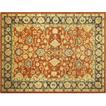 Bareens Designer Rugs - Shabby Chic Ziegler Mirtha Rust Blue Hand-Knotted Wool Rug - 9'5'' x 12'2'' - Enhance the ambiance of your home with this magnificent Persian-influenced Turkish hand-knotted rug made by skilled artisans capable of creating the most exceptional vegetable dyes and hand-spun wool. This exquisite handmade rug is a one-of-a-kind Peshawar Kafkaz, otherwise identified as Chobi, Chobi Peshawar, Oushak, or Ziegler rug. These handmade rugs are crafted in Pakistan utilizing superior-quality wool imported from Australia, New Zealand, and Korea in two types of weaves: the Persian weave and the Mori weave. This rug is meticulously crafted by hand using the finest natural vegetable dyes extracted from local plants. The artisans use a blend of hand-spun local and fine merino wool, resulting in a rug with a compelling texture, higher lanolin content, and longer staple. The artisans occasionally incorporate natural or artificial silk into the pile to enhance specific motifs. The finished product is an awe-inspiring execution of flawless design and an understated palette that exudes elegance.