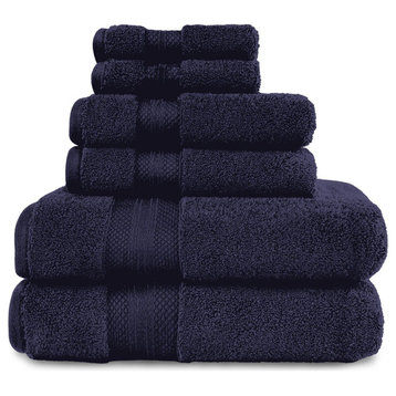 6 Piece Turkish Solid Cotton Hand Bath Towels, Crown Blue