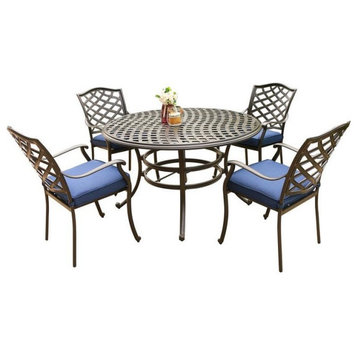 Fletcher 5-Piece Outdoor Aluminum Dining Set With Cushions, Espresso Brown/Navy