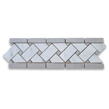 4"x12" White Basketweave Mosaic Border With Gray Dots Honed, Set of 50
