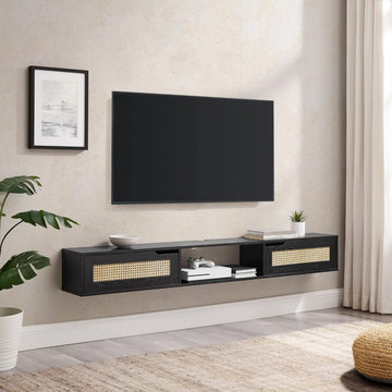 70-Inch Modern Floating TV Stand with Rattan Doors, Wall-Mounted Media Console
