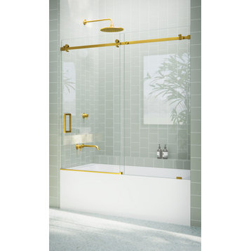 56-60"x60-Frameless Bath Tub Sliding Shower Door Square Hardware, Satin Brass