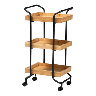 Lotte Modern Oak Brown Wood and Black Metal 3 Tier Mobile Kitchen