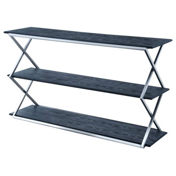 Unique Console Table, Metal Base With X-Sides & 3 Tiers, Black/Brushed Stainless Steel