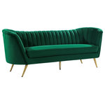 Meridian Furniture - Margo Velvet Upholstered Set, Green, Sofa - Lean back and lounge in luxurious style on this stunning Margo green velvet sofa by Meridian Furniture. This contemporary sofa features plush velvet upholstery that is both classy and sumptuous against your skin, a single seat cushion and rounded arms that curve into a low, rounded back, creating a perfect, modern piece for your home. Gold stainless steel legs support this sofa and provide stunning contrast to the sofa's plush, green fabric.