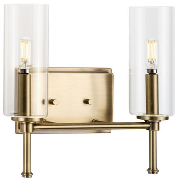 Elara Collection 12-1/2, 2-Light Vintage Brass Vanity Light Clear Glass