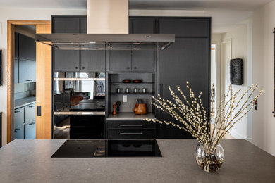 Inspiration for a mid-sized modern eat-in kitchen remodel in Kansas City with black cabinets and an island