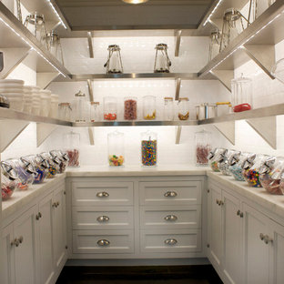 Imagen de cocina tradicional con salpicadero de azulejos tipo metro y despensa