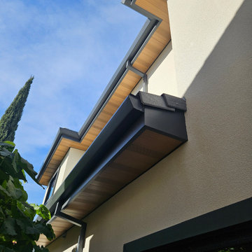 Wood Grained Metal Soffits with Angle Face Rain Gutters and Smooth Downspouts