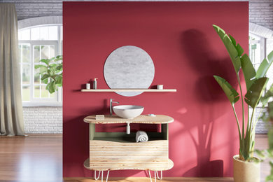 Cette photo montre une salle d'eau tendance de taille moyenne avec un carrelage rouge, un mur rouge, parquet clair, un lavabo de ferme, un plan de toilette en bois, un sol marron et un plan de toilette marron.