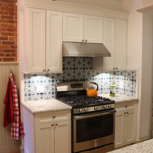 Idées déco pour une petite arrière-cuisine parallèle classique avec un évier de ferme, un placard à porte shaker, des portes de placard blanches, un plan de travail en granite, une crédence multicolore, une crédence en carreau de ciment, un électroménager en acier inoxydable, un sol en bois clair et aucun îlot.