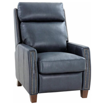 Traditional Push Back Recliner, Padded Leather Upholstered Seat & Nailhead, Gray