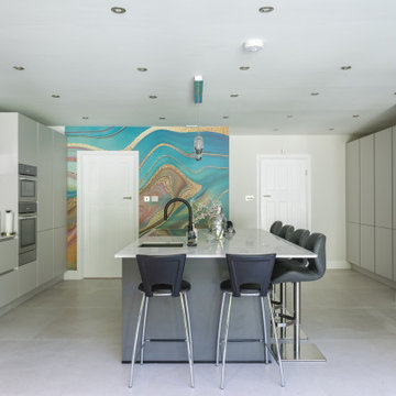 Kitchen Island with Marble Worktop Facing Feature Wall, Epsom, Surrey
