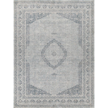 Heritage Power Loomed Polyester and Acrylic Light Blue/Rust Area Rug, 2'6"x12'