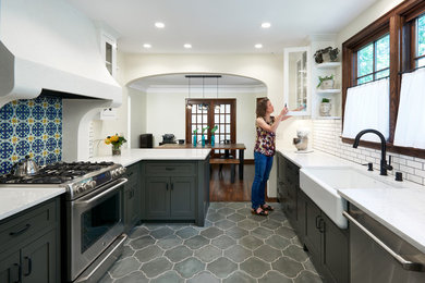Kitchen - mid-sized mediterranean galley gray floor kitchen idea in Minneapolis with a farmhouse sink, shaker cabinets, quartz countertops, multicolored backsplash, stainless steel appliances and gray cabinets