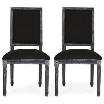 Amy French Country Wood Upholstered Dining Chair, Set of 2, Black/Gray