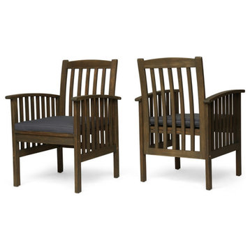 GDF Studio Phoenix Outdoor Acacia Wood Dining Chairs With Cushions, Set of 2, Gray Finish/Dark Gray