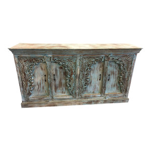 Mogul Interior - Cosigned Antique Blue sideboard cabinet media console Distressed  Carved Buffet - Buffets And Sideboards