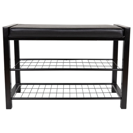 Danya B. Leatherette Entryway Bench with Two Metal Shoe Racks, Black/Black